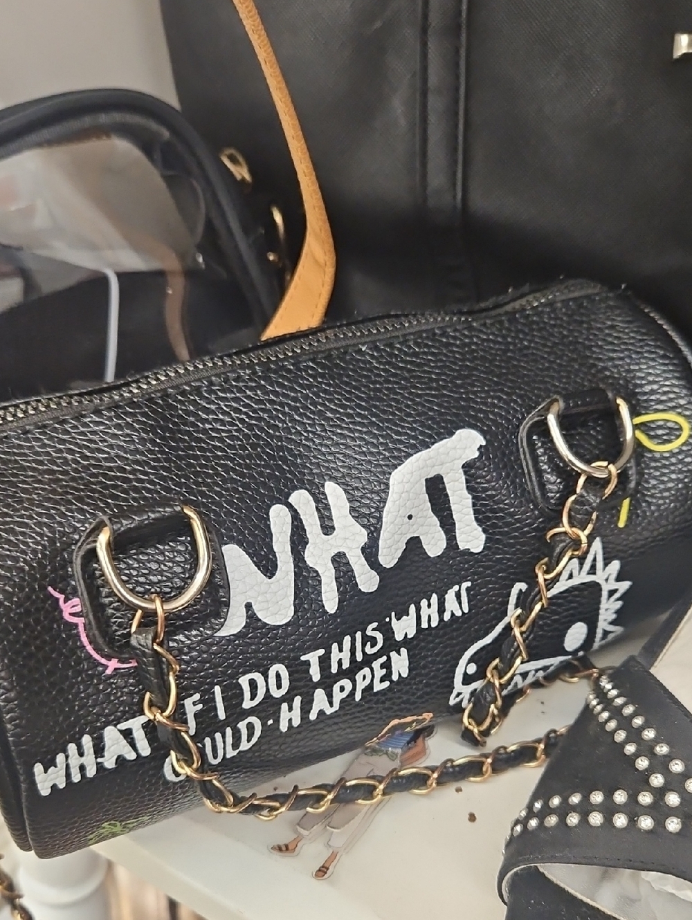 Black Graffiti Print Chain Handle Women's Bag